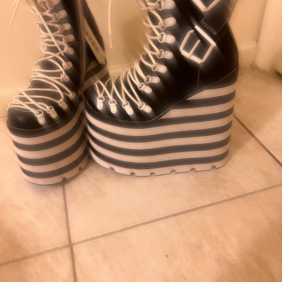 Dolls Kill Black and White Striped Platform Boots - Picture 2 of 11